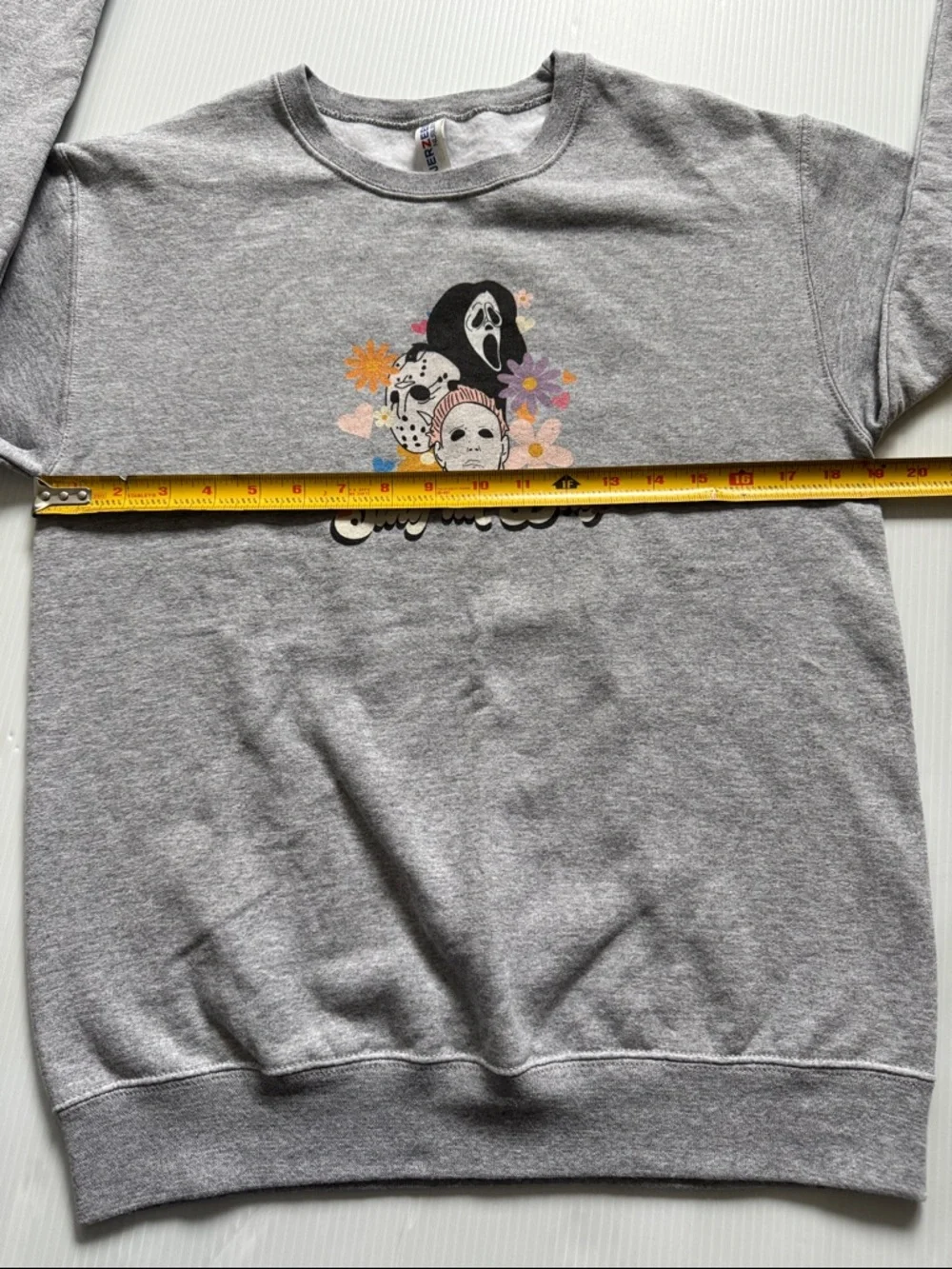 Jerzees Grey Graphic 'Slay All Day' Horror Mask Crewneck Sweatshirt.  Size small